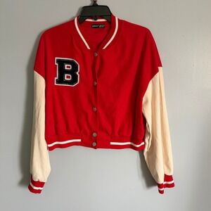 SHEIN Women Red Cropped Varsity Letterman Jacket B Patch Snap Front Size Large